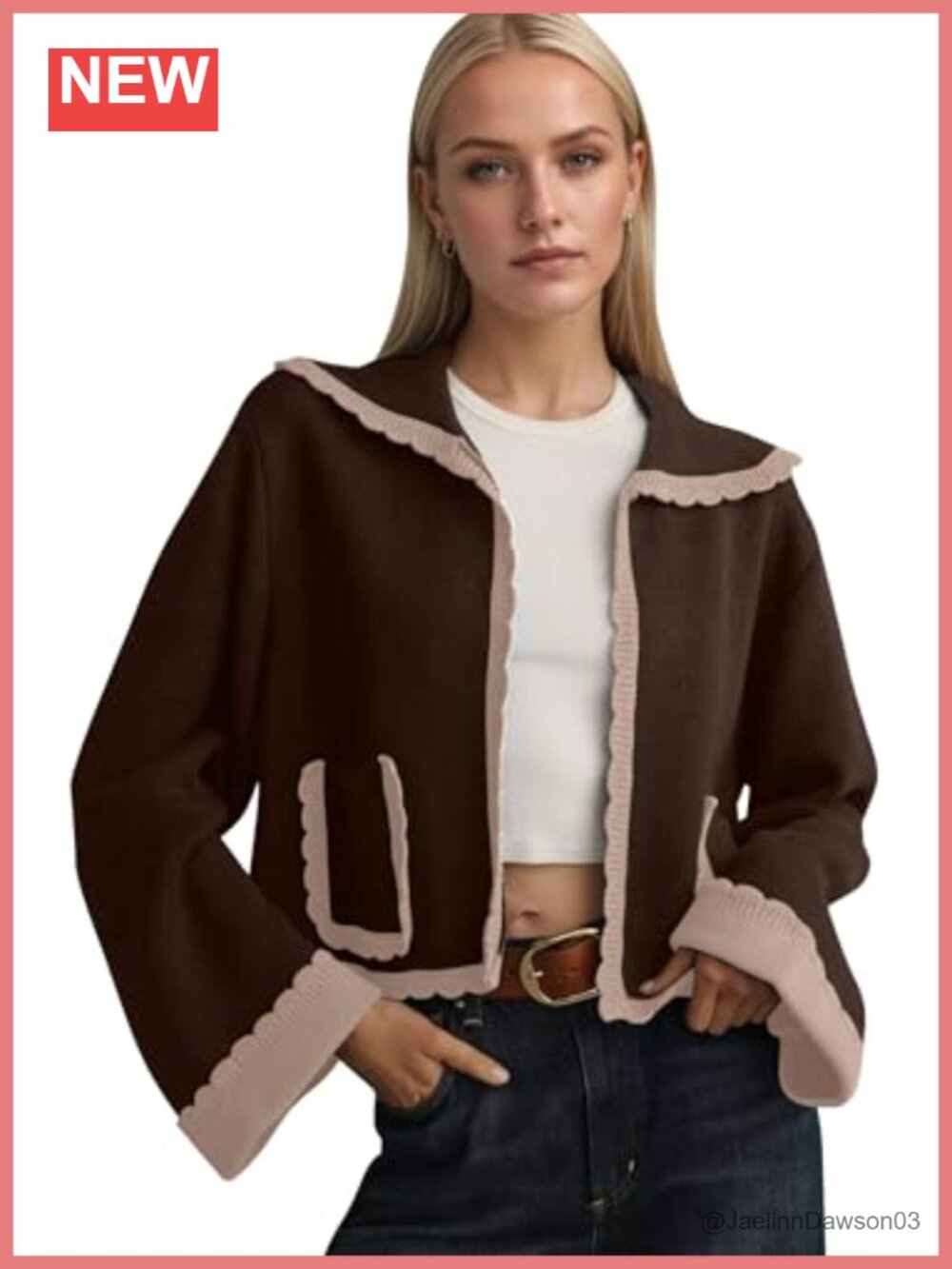 Scallop Collar Knit Cardigan Bell Sleeve Open Front Sweater with Pockets